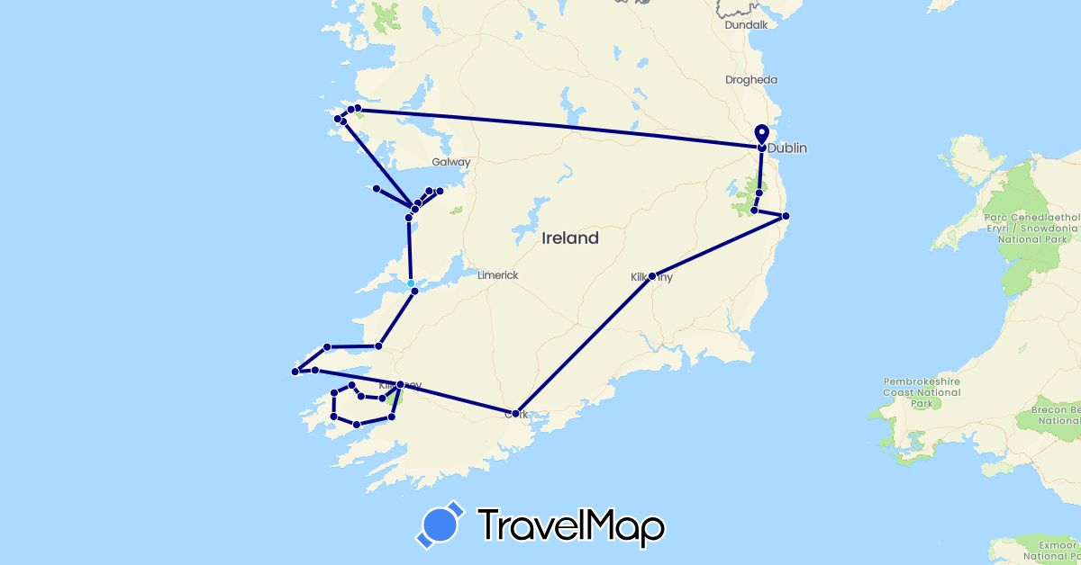 TravelMap itinerary: driving, boat in Ireland (Europe)