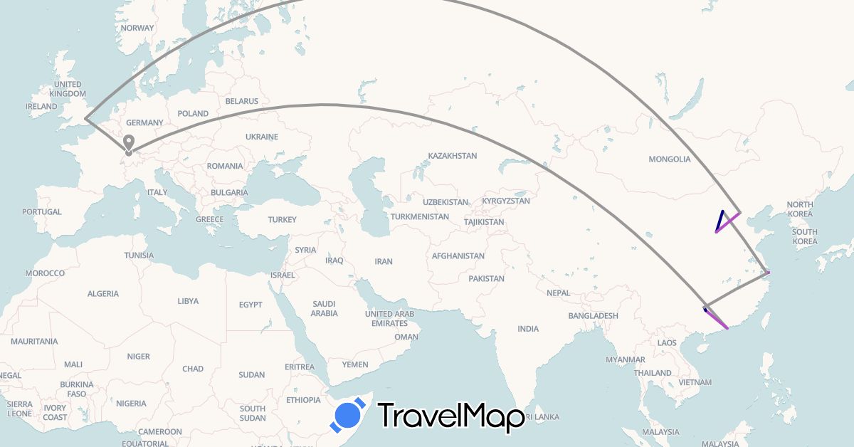 TravelMap itinerary: driving, plane, train in Switzerland, China, United Kingdom (Asia, Europe)